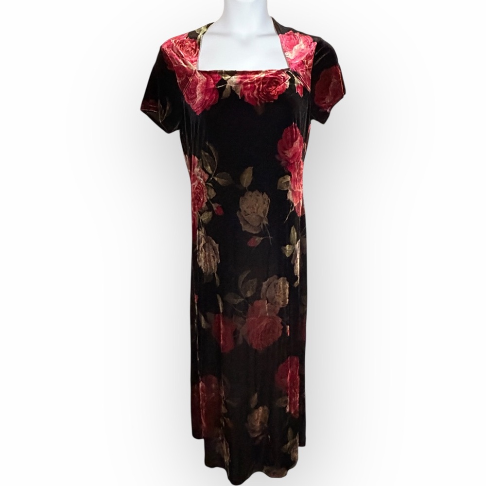 Sheri Martin Black Velvet‎ Whimsigoth dress sparkly Red & Gold Floral Accents